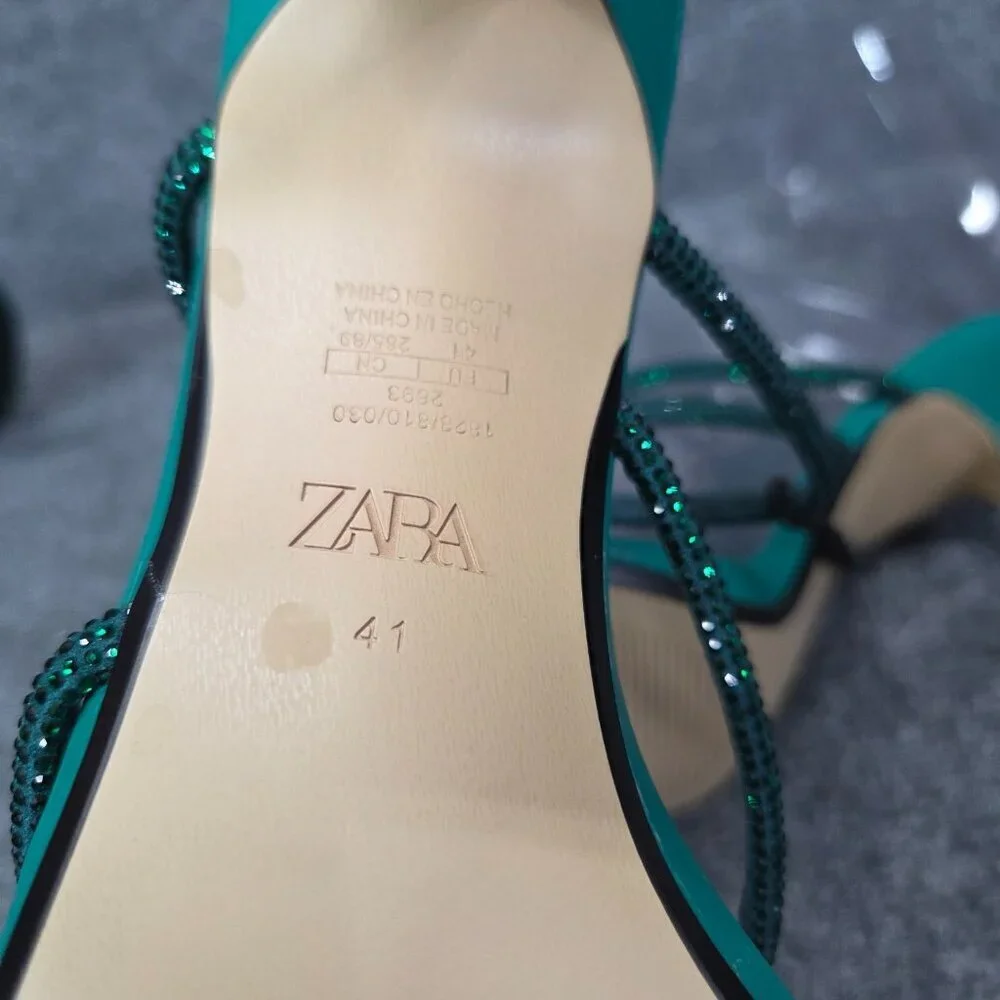 ZARA‎ Green Ankle Rhinestone Open Toe Stiletto Heels Sandals Satin EUR 41 US 10
